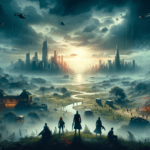 Image of a misty landscape with futuristic cityscape, helicopters, and silhouetted figures on a hill.