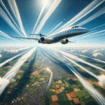 Image of a plane soaring above patchwork fields, trailing vapor under a clear, expansive sky.