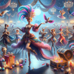 Image of a vibrant masquerade ball with dancers, colorful costumes, and festive decorations.