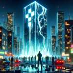 Image of a futuristic cityscape with glowing skyscrapers and silhouetted figures in the foreground.