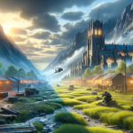 Image of a misty valley with a cathedral, military camp, and helicopter under a dramatic sky.