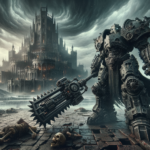 Image of a towering armored warrior with a massive weapon, in a desolate, gothic landscape.