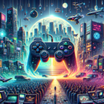 Image of a futuristic cityscape with a giant gaming controller and colorful neon lights.