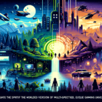 Image of futuristic cityscape with vibrant colors, flying vehicles, and diverse characters exploring.