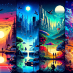 Image of a vibrant, futuristic landscape with cityscapes, sunsets, and surreal cosmic elements.