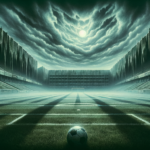 Image of an empty soccer stadium under a cloudy, moonlit sky, with a ball on the field.