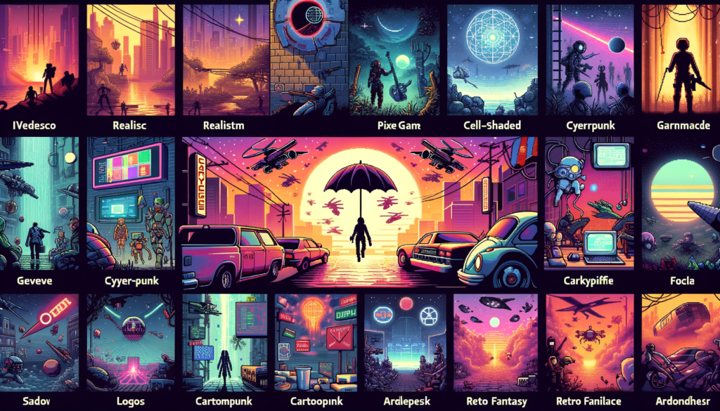Image of various pixel art scenes with futuristic and retro themes, featuring vivid colors and cityscapes.