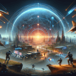 Image of a futuristic battlefield with soldiers, spacecraft, and a digital globe in the background.