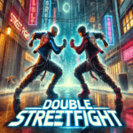 Image of two male figures in a fighting stance, facing each other in a neon-lit, rain-soaked urban alley, with the "DOUBLE STREETFIGHT" logo prominently displayed below them.