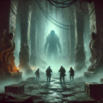 Image of a menacing, tentacled entity looming over a misty landscape with twisted trees and dark skies.