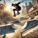 A high-definition promotional image for a modern skateboarding video game, set in a futuristic urban skate park. A skater performs a mid-air trick on a high-tech skateboard with glowing wheels, surrounded by neon-lit ramps, rails, and half-pipes. The background showcases a vibrant cityscape with graffiti-covered walls and holographic advertisements, illuminated by a dynamic mix of sunset hues and cool neon lights, capturing the excitement and energy of skateboarding culture.