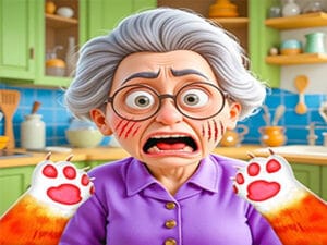 Image of a cartoon older woman with wide, frightened eyes and an open mouth in a scream, wearing round glasses and a purple collared shirt. Red scratch marks are visible on her cheeks. Two fluffy orange and white cat paws with pink paw pads are positioned on either side of her face, seemingly causing her distress. The background shows a brightly colored kitchen with green cabinets, blue tiled walls, and various kitchen items on the counters and shelves.