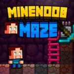 Image of the title screen for the game Mine Noob Maze, featuring blocky graphics, a character, a ladder, and a pickaxe.