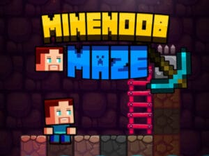 Image of the title screen for the game Mine Noob Maze, featuring blocky graphics, a character, a ladder, and a pickaxe.