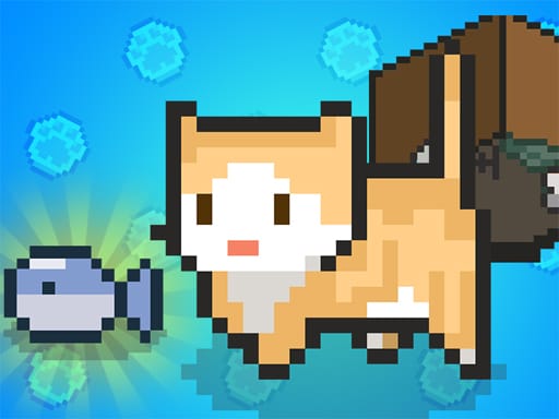 Image of a pixelated orange and white cat standing beside a gray fish in a blue environment with floating pixel icons and a trash bin.