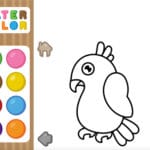 Image of a children's coloring game screen from WaterColor, showing a black-and-white cartoon parrot to be painted, with a color palette on the left.