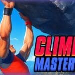 Image of a muscular climber hanging from a rocky overhang with one arm, set against a bright blue sky and mountainous backdrop, with bold "Climb Masters" text.