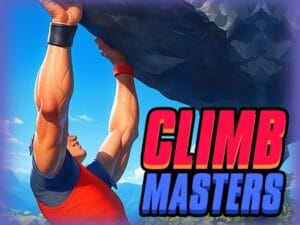 Image of a muscular climber hanging from a rocky overhang with one arm, set against a bright blue sky and mountainous backdrop, with bold "Climb Masters" text.
