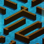 Image of a 3D-style maze with raised brown brick walls on a glowing blue tiled floor, viewed from an isometric top-down perspective.