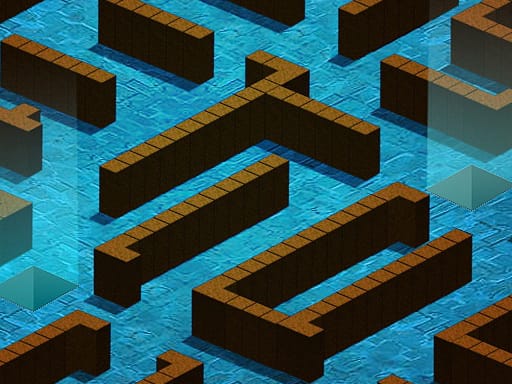 Image of a 3D-style maze with raised brown brick walls on a glowing blue tiled floor, viewed from an isometric top-down perspective.