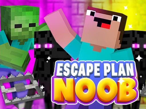 Image of a pixelated Noob character surrounded by endermen and zombies, celebrating with raised arms, featuring colorful backgrounds and sparkles.