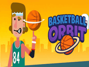 Image of a cartoon basketball player spinning a basketball on his finger, with the title "Basketball Orbit" displayed beside him against an orange city skyline.