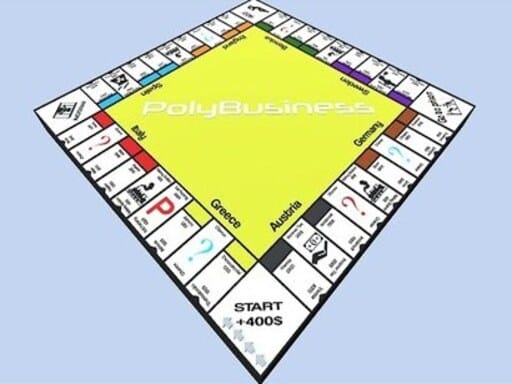 Image of a digital PolyBusiness (Unofficial Monopoly) board, featuring country names like Greece and Austria, with a yellow center and labeled property spaces arranged in a square layout on a light blue background.