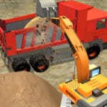 Image of an excavator loading dirt into the back of a red dump truck at a construction site in the Construction Simulator Lite Game.