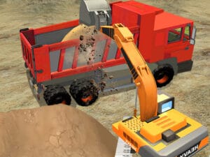 Image of an excavator loading dirt into the back of a red dump truck at a construction site in the Construction Simulator Lite Game.