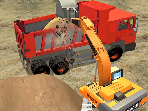 Image of an excavator loading dirt into the back of a red dump truck at a construction site in the Construction Simulator Lite Game.