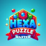 Image of a colorful “Hexa Puzzle Master” logo featuring hexagonal gems and a bold, ribbon-accented title against a bright, cheerful background.