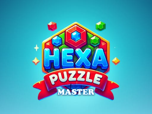 Image of a colorful “Hexa Puzzle Master” logo featuring hexagonal gems and a bold, ribbon-accented title against a bright, cheerful background.