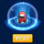 Image of a red space-suited character floating in a glowing blue portal-like structure in space with a large yellow "PLAY" button at the bottom.