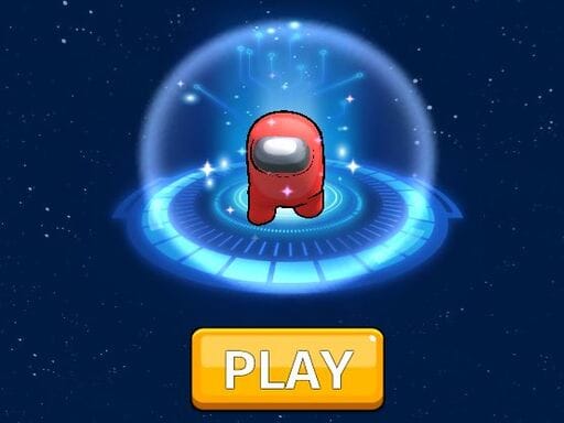 Image of a red space-suited character floating in a glowing blue portal-like structure in space with a large yellow "PLAY" button at the bottom.