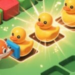 Image of a cartoon fox pushing a blue block toward three yellow rubber ducks on a green puzzle board, with sparkles highlighting a match.