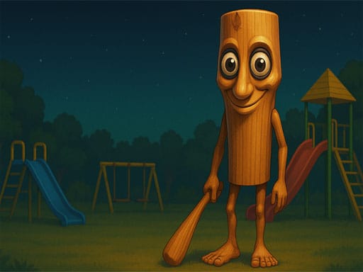 Image of a cartoon-style wooden character with wide eyes and a smile, holding a bat, standing in a playground at night with slides and swings.