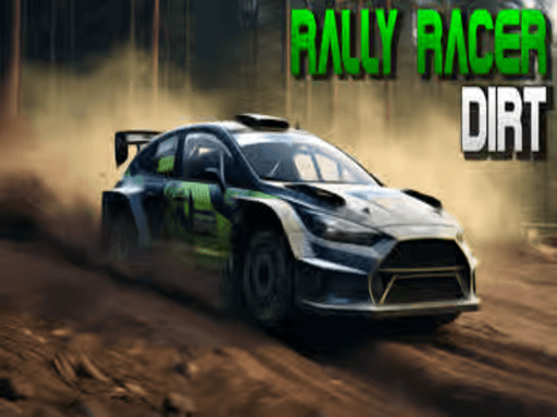 Image of a rally car speeding on a dirt track with dust trailing behind, set against a forest backdrop and the title “Rally Racer Dirt” in bold green and white text.