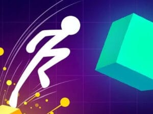 Image of a white stickman figure leaping toward a glowing teal block on a neon purple grid background, with yellow particles trailing behind.