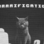 Image of a dark, pixelated black cat staring directly at the viewer, centered on a distorted screen with the word “PURRRIFICATION” above it in bold, retro-style text. Abstract white shapes appear in the foreground, adding to the eerie, glitchy atmosphere.