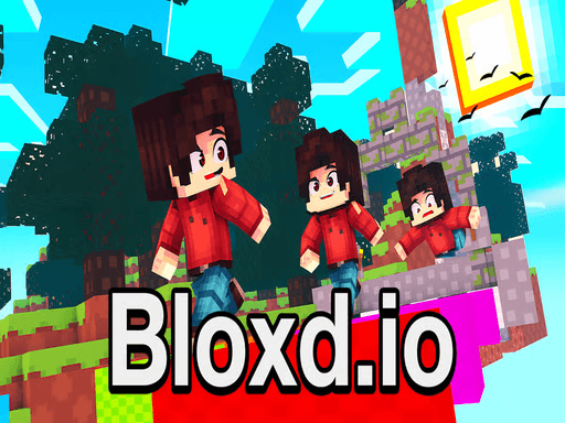 Image of three cartoon-style characters in red shirts running across colorful floating blocks in a bright voxel world from the Bloxd.io Game.