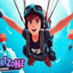 Image of a smiling character skydiving in mid-air with a helmet and goggles, surrounded by parachutes, from Fortzone Battle Royale Game.