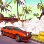 Image of a stylized red sports car drifting around a curved road with heavy tire smoke, palm trees and mountains in the background, birds in a light green sky, yellow road barriers at the roadside; play it on Magbei.