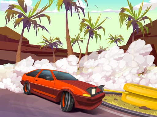Image of a stylized red sports car drifting around a curved road with heavy tire smoke, palm trees and mountains in the background, birds in a light green sky, yellow road barriers at the roadside; play it on Magbei.