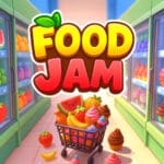 Image of the Food Jam Game logo displayed above a grocery aisle with colorful fruits, cupcakes, and a shopping cart filled with sweet treats.