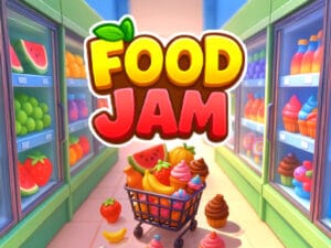 Image of the Food Jam Game logo displayed above a grocery aisle with colorful fruits, cupcakes, and a shopping cart filled with sweet treats.