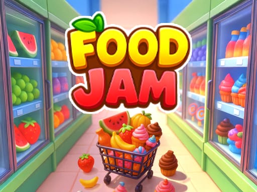 Image of the Food Jam Game logo displayed above a grocery aisle with colorful fruits, cupcakes, and a shopping cart filled with sweet treats.