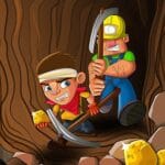 Image of two cartoon miners inside a wooden-and-stone tunnel; one crouched with a pickaxe extracting gold, the other standing with a raised hammer, rocks and scattered gold pieces on the ground.