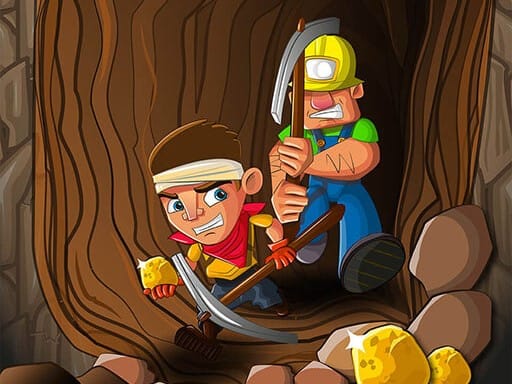 Image of two cartoon miners inside a wooden-and-stone tunnel; one crouched with a pickaxe extracting gold, the other standing with a raised hammer, rocks and scattered gold pieces on the ground.