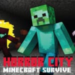 Image of blocky characters running through a dark tunnel in Horror City Minecraft Survive Game, chased by glowing and shadowy monsters.