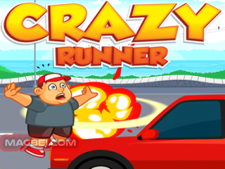 Image of the fearless Crazy Runner in a comical collision with a red car.